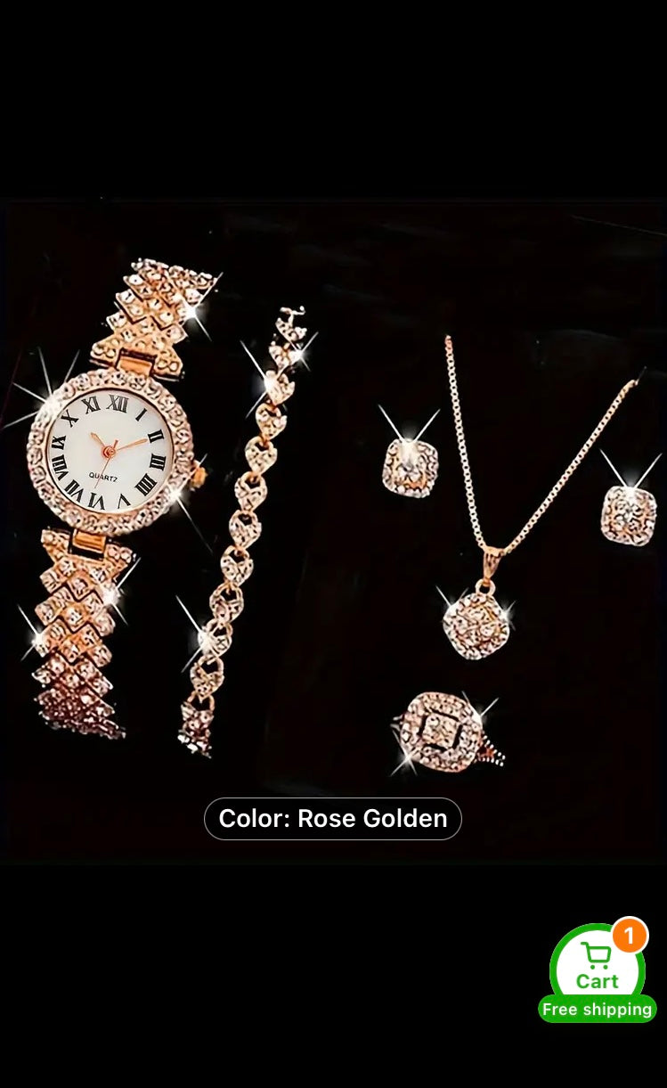 Elegant Women’s Gold Quartz Watch & Jewelry Gift Set