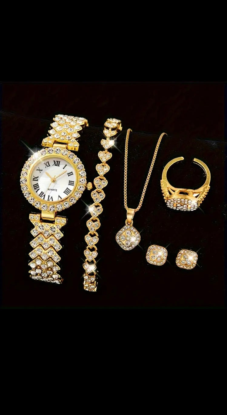 Elegant Women’s Gold Quartz Watch & Jewelry Gift Set